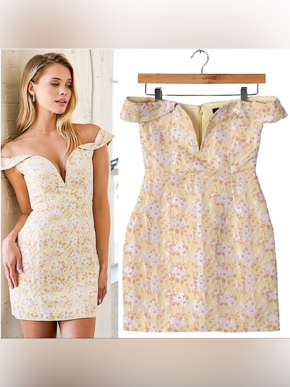 NWT Lulus Favorite Song Yellow Floral Jacquard Off-The-Shoulder Mini Dress M - Picture 2 of 9